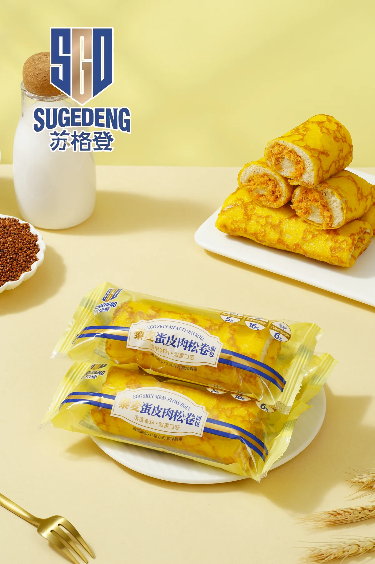 SUGEDENG Quinoa Egg-Wrapped Chicken Floss Roll with retail packaging